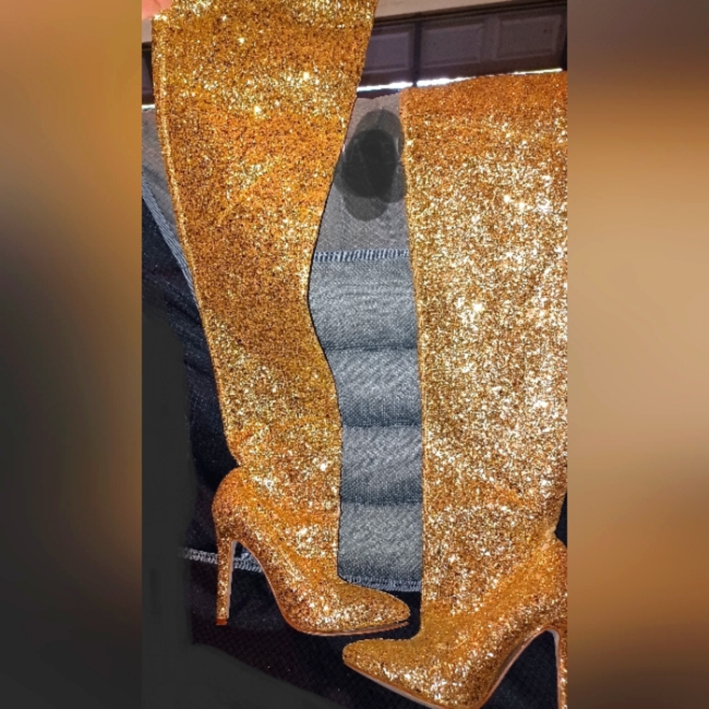 Sparkly gold glitter thigh high stiletto boots